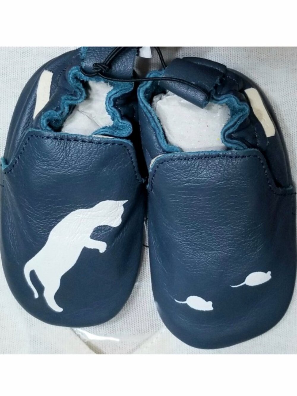 NWOT Boumy Blue Leather Baby Moccasins w/ Cat & Mouse Graphic, 3-6 M